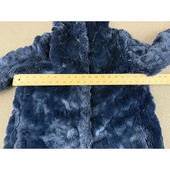 Sisley Hooded Coat Women 2 Blue Faux Fur Clip Buttons Gray Wool Lined Hood Plush - Picture 5 of 9